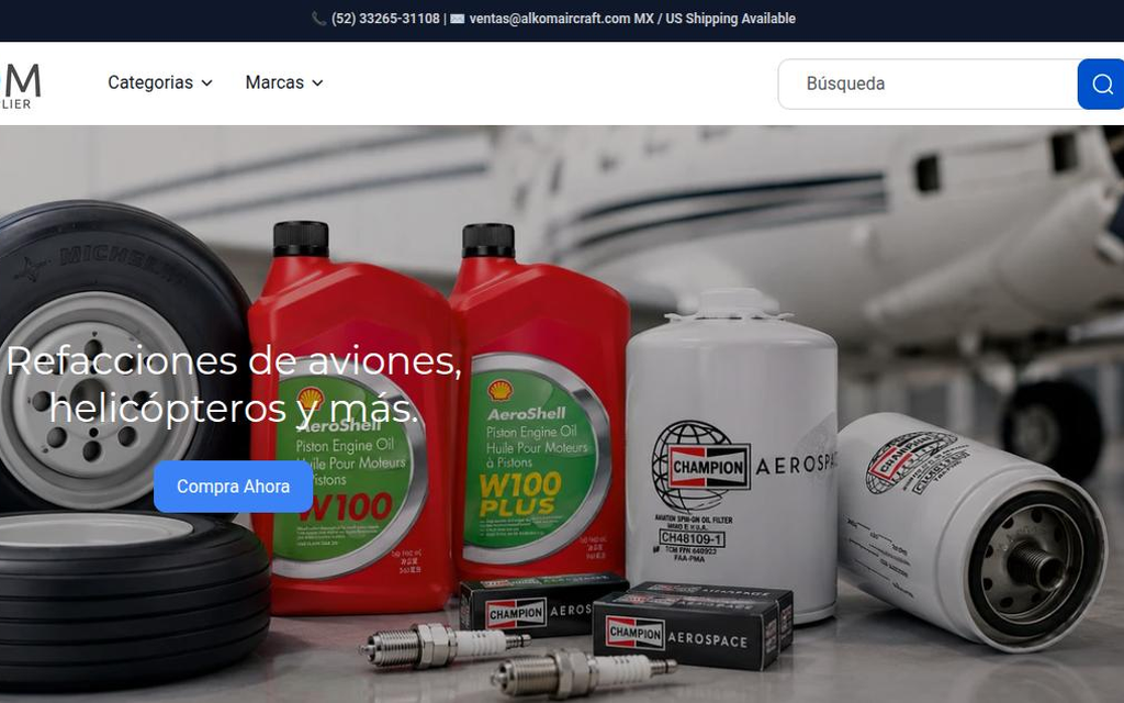 Captura de la tienda de refacciones aeronáuticas de Alkom Aircraft