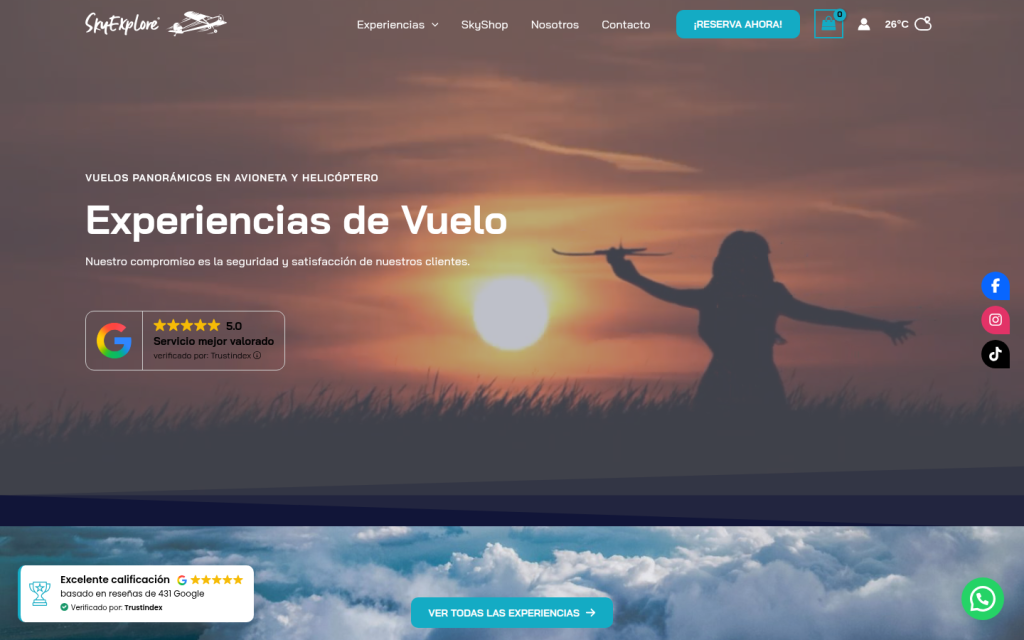 Captura de pantalla del sitio de reservaciones y tienda de Skyexplore